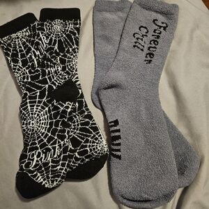 Vs Pink Black and White Spider Web Socks @ Grey Fuzzy Socks With Blue Lettering